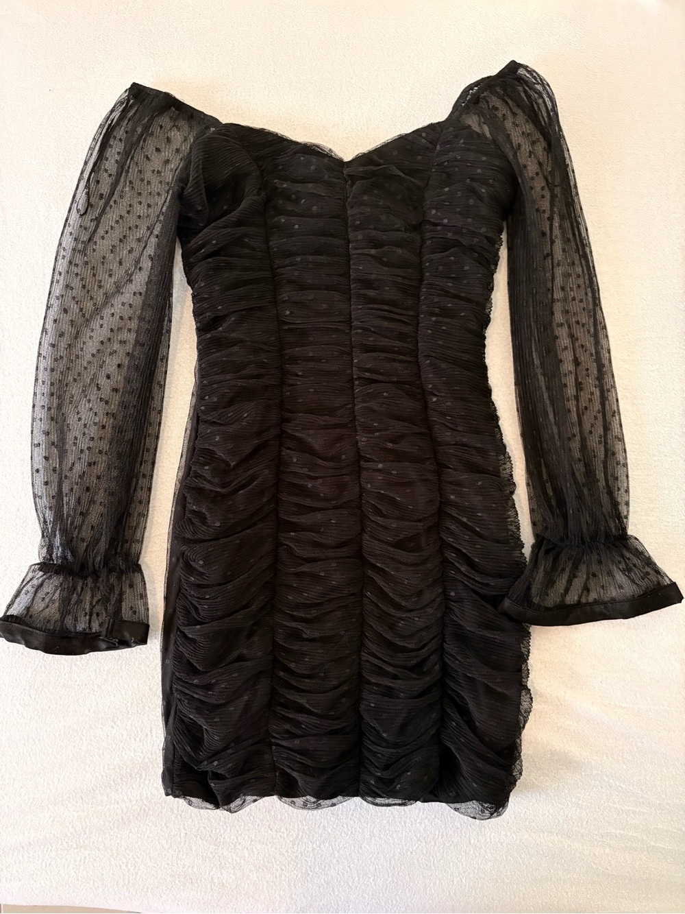 Black Ruffle Mini Dress With Black Polka Dots